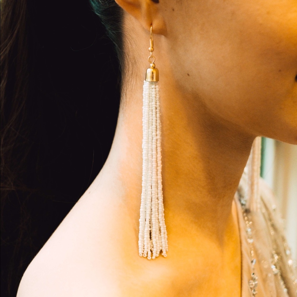 White Beaded Tassel Earrings